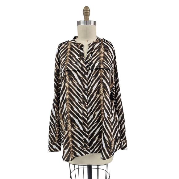 Calvin Klein Brown Animal Print Blouse Womens Sz XL Button Down NWOT - Picture 1 of 8
